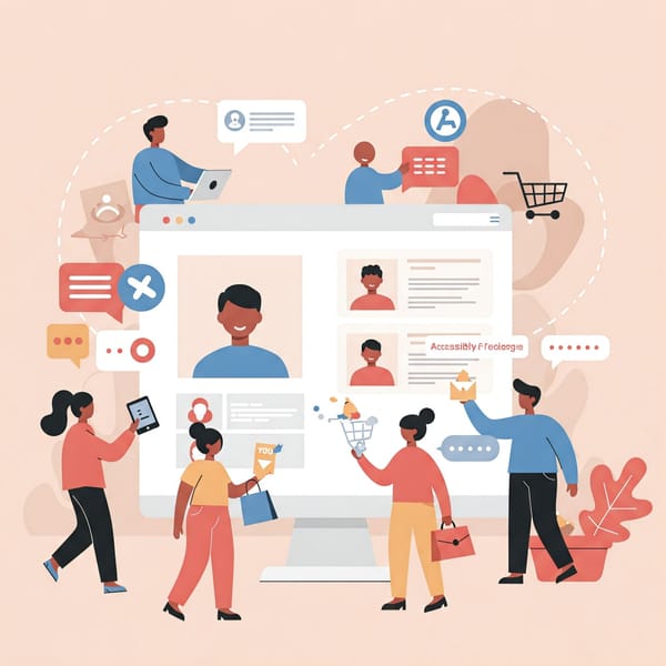 Menschen interagieren digital barrierefrei über Geräte und Symbole, die eine inklusive und zugängliche Customer Experience darstellen.
